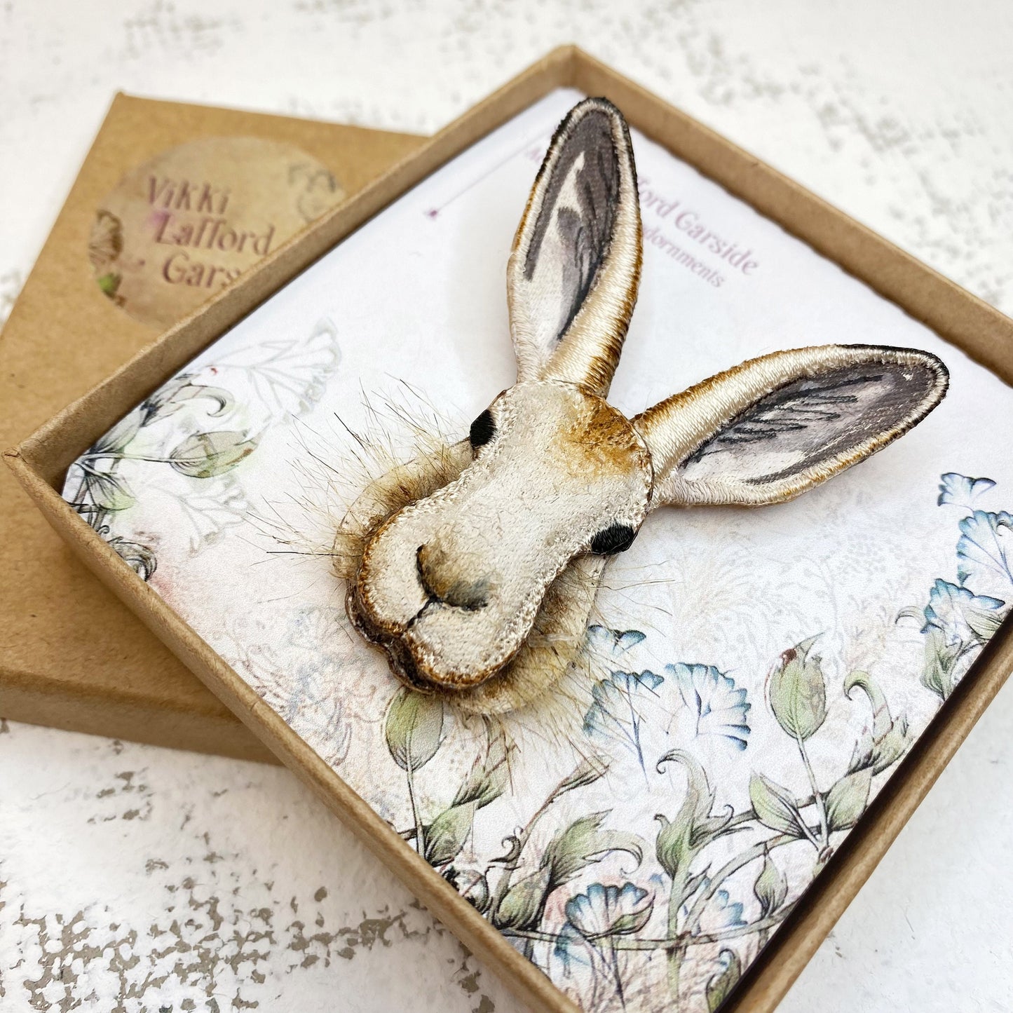 Mountain Hare brooch, embroidered and hand painted wild hare pin