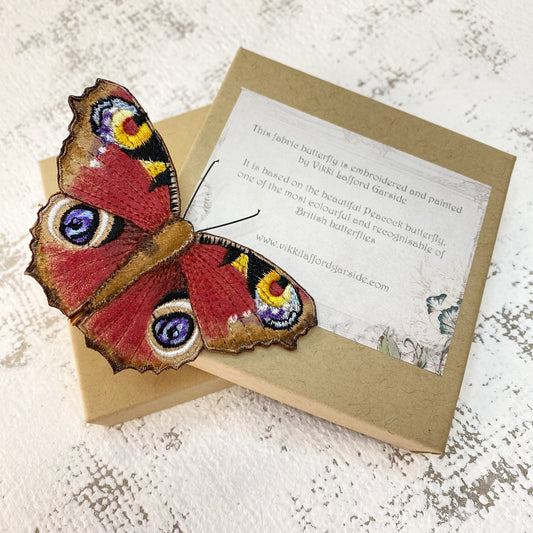Embroidered Peacock Butterfly Brooch: Realistic Hand-Painted Pin
