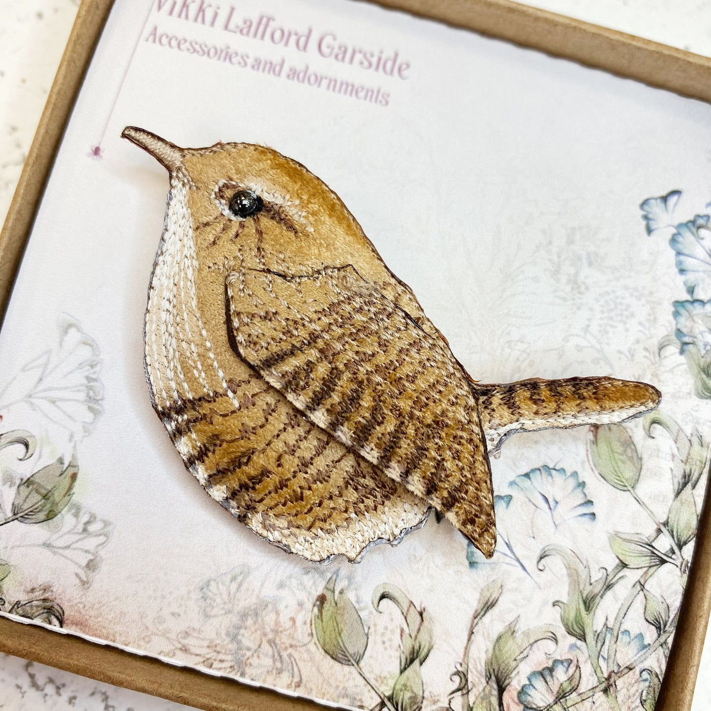 Embroidered and hand painted Wren brooch