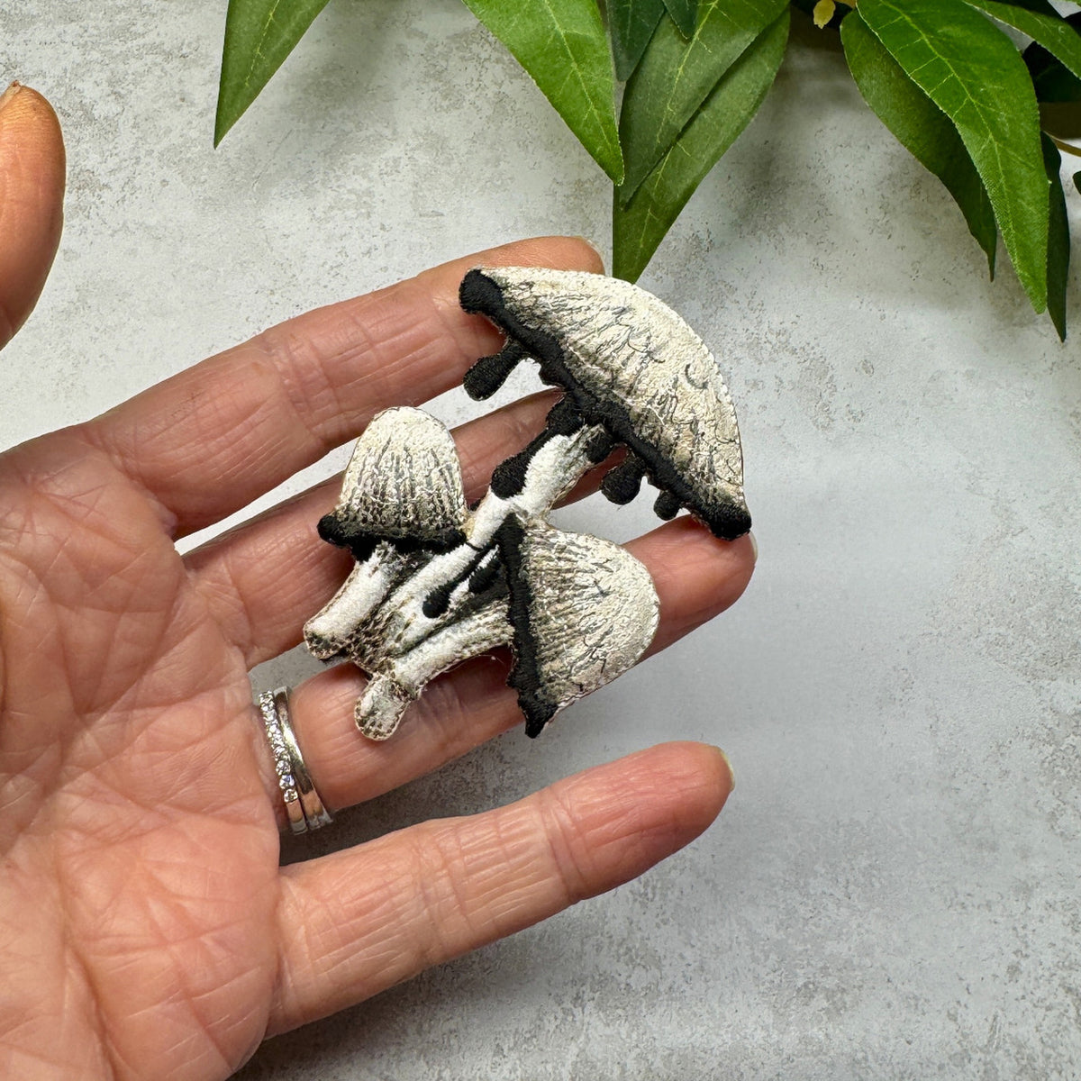Shaggy Inkcap Mushroom Brooch – Embroidered & Hand-Painted Woodland Jewellery