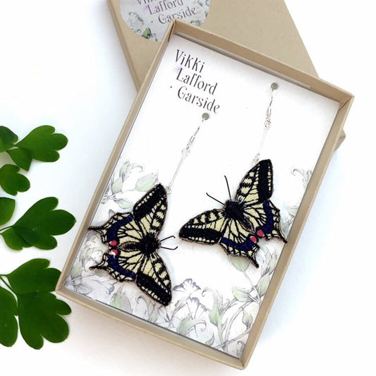 Swallowtail butterfly embroidered and hand painted drop earrings