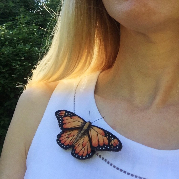 Monarch butterfly brooch, realistic embroidered and hand painted butterfly brooch