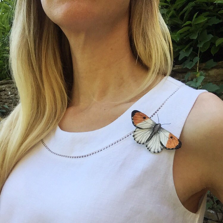 Orange-tip butterfly embroidered and hand painted brooch pin