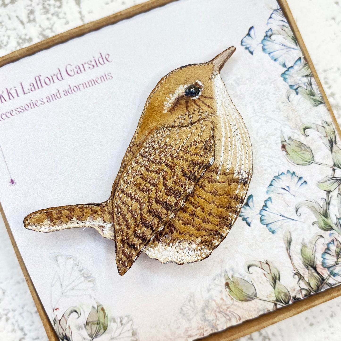 Embroidered and hand painted Wren brooch