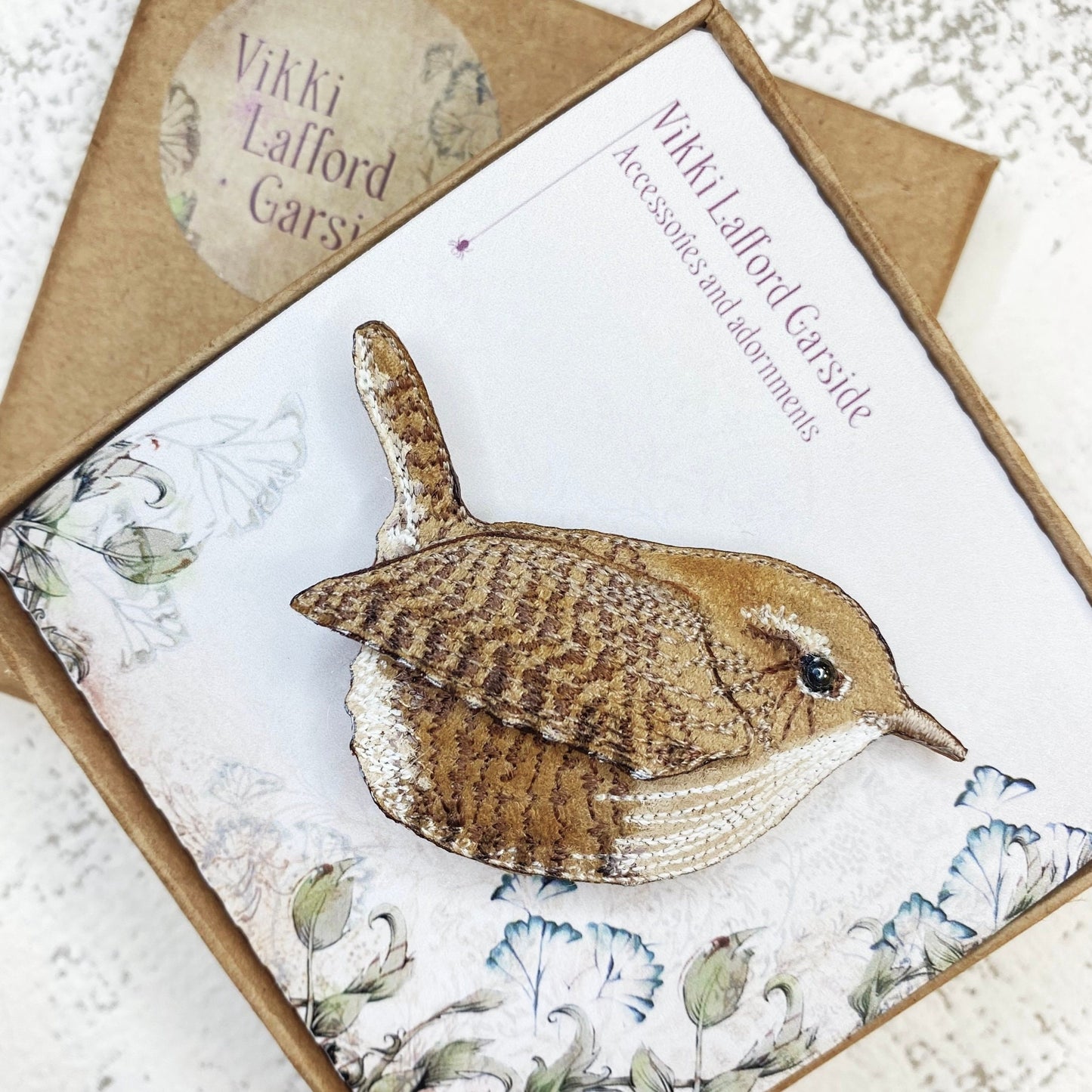 Embroidered and hand painted Wren brooch