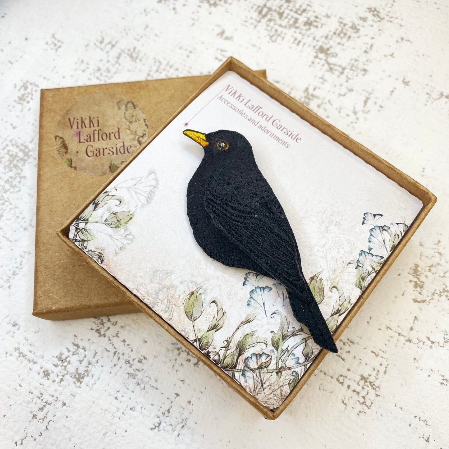 Embroidered and hand painted Blackbird brooch