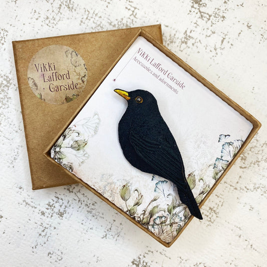 Embroidered and hand painted Blackbird brooch
