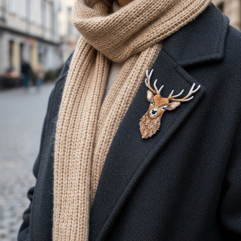 Stag brooch, statement textile art piece