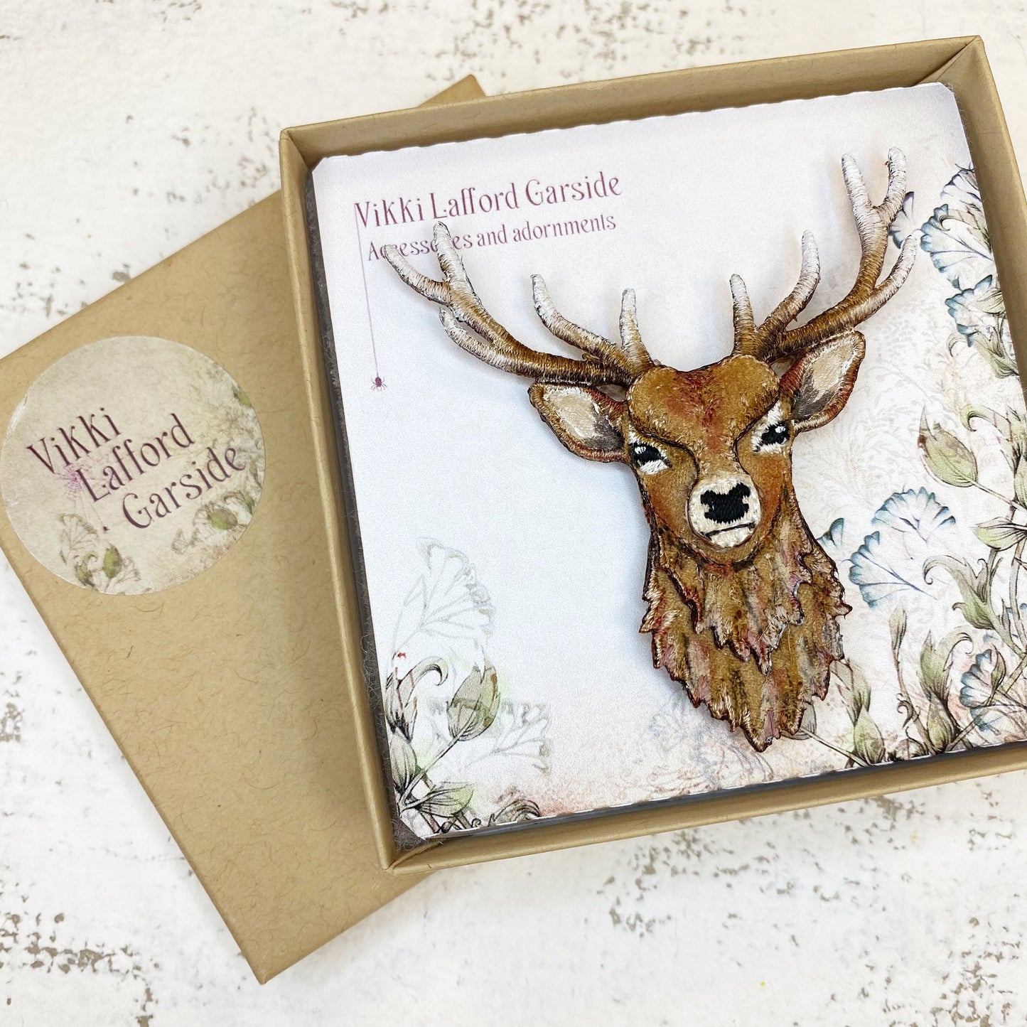 Stag brooch, statement textile art piece