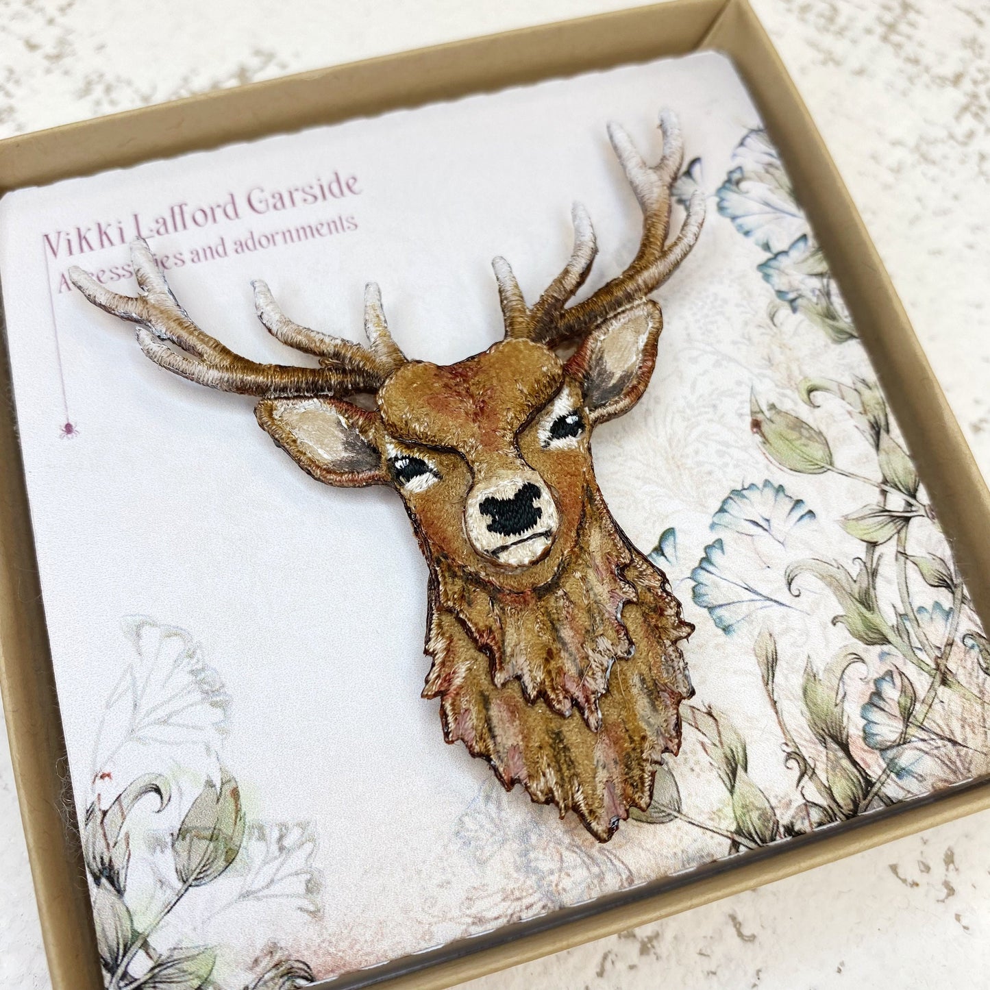 Stag brooch, statement textile art piece