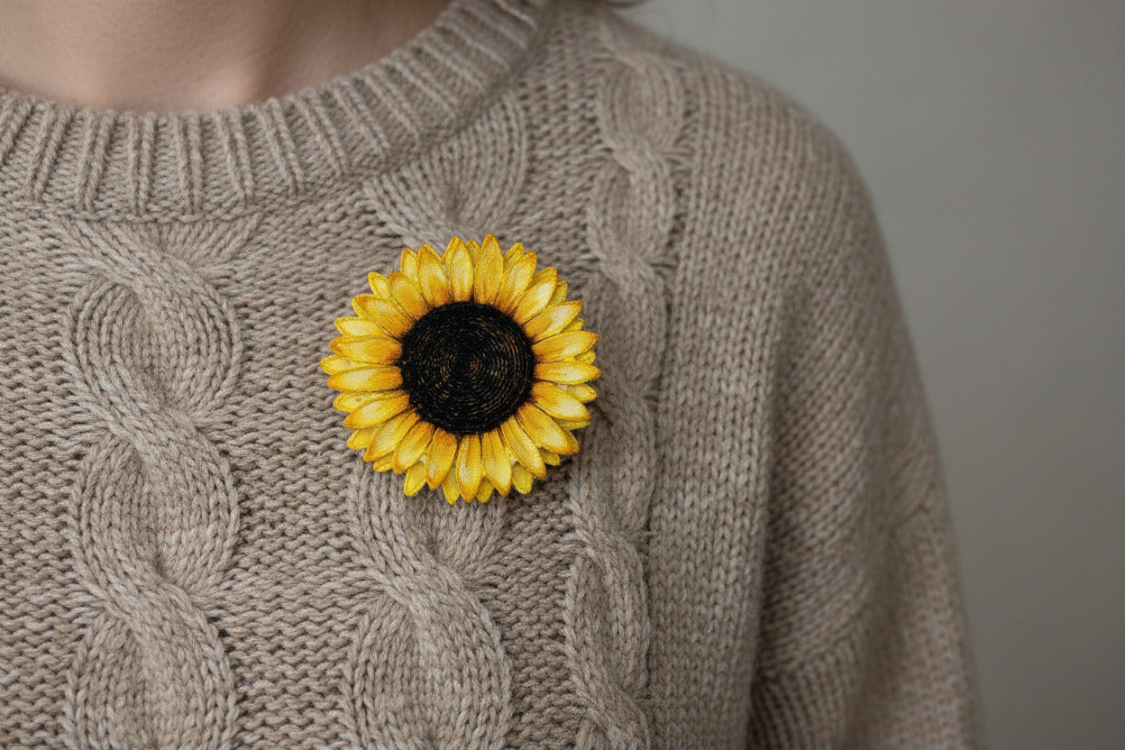 Embroidered Sunflower brooch: Handcrafted fabric flower pin