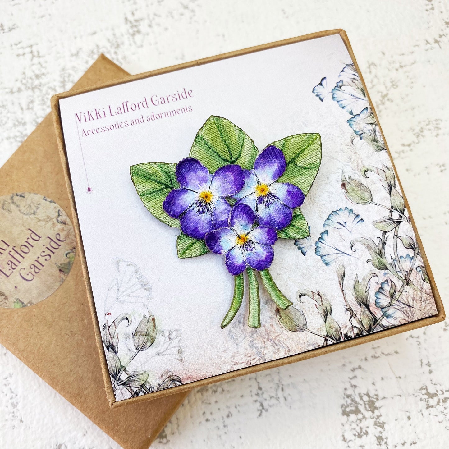 Embroidered and hand painted Violet brooch