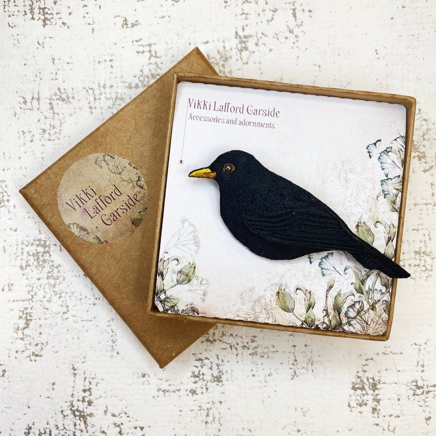 Embroidered and hand painted Blackbird brooch