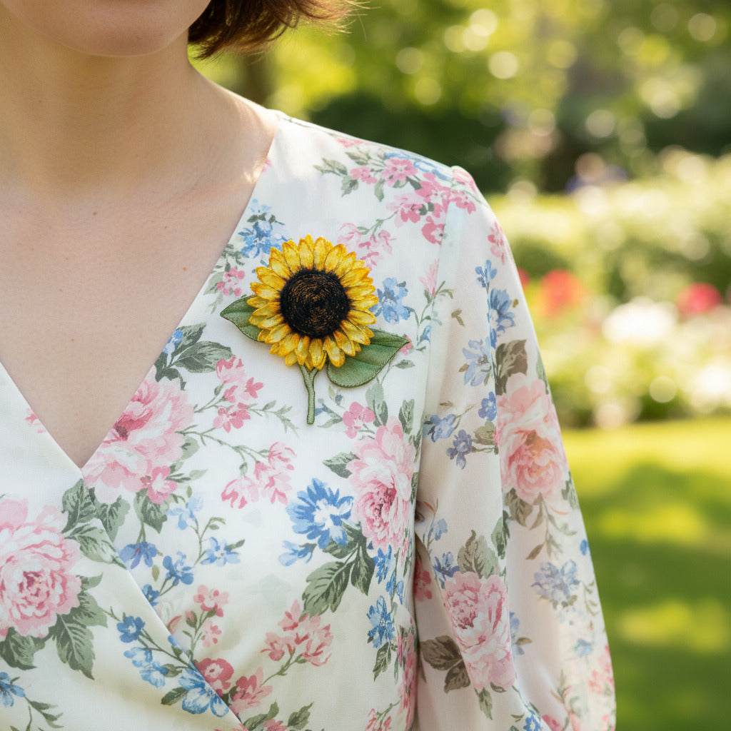 Bright and cheery fabric sunflower brooch with leaves