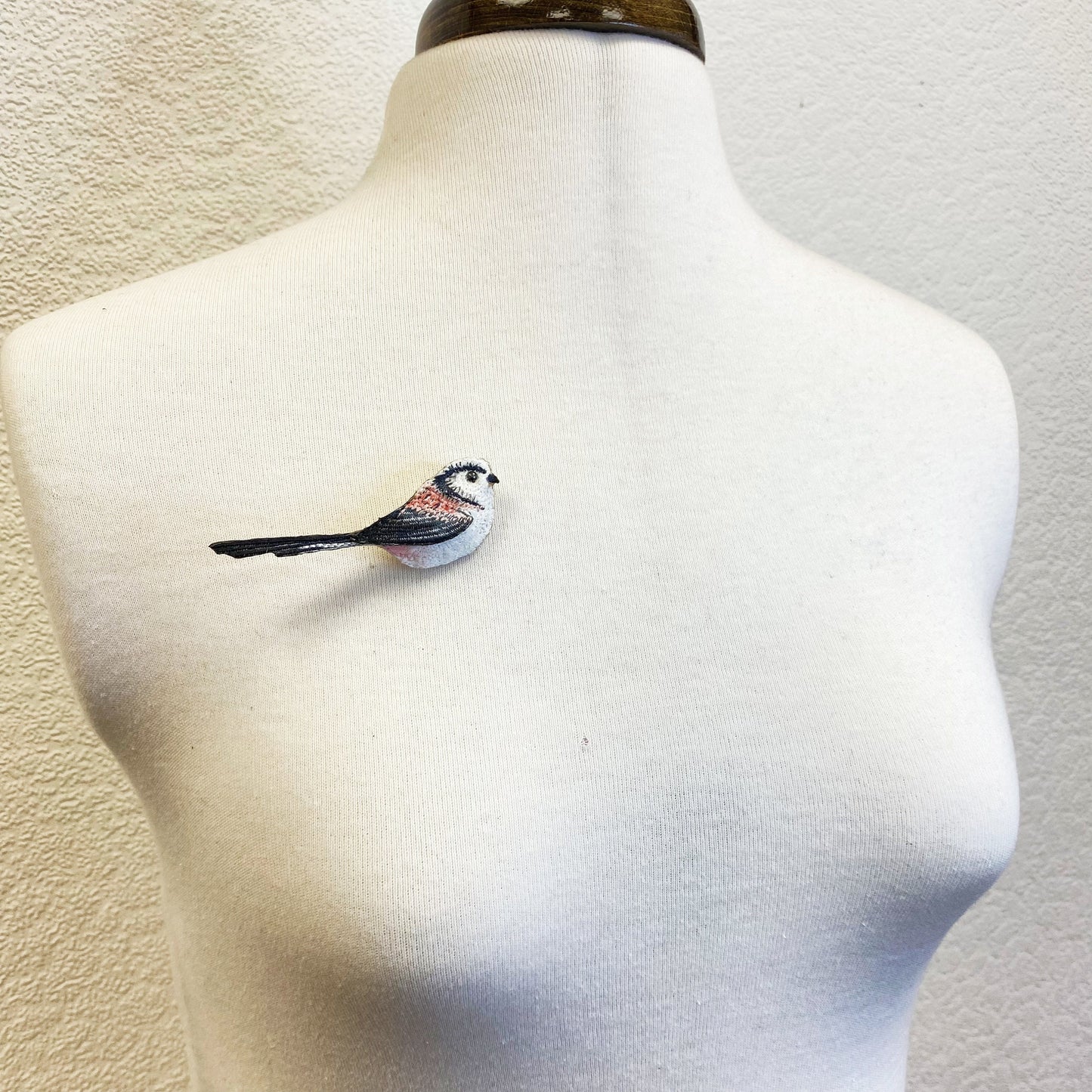 Long-tailed tit brooch, embroidered bird pin