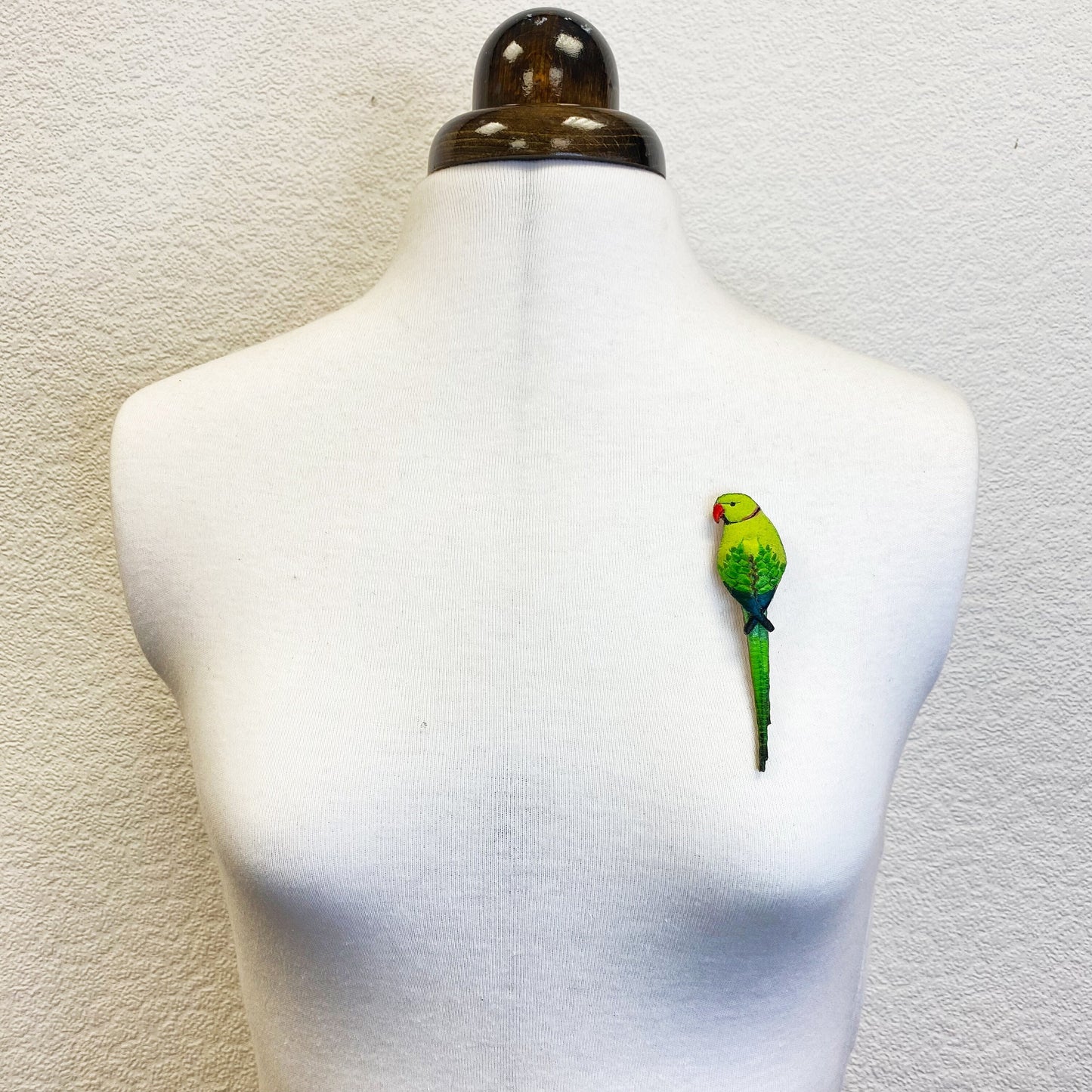Ring-necked Parakeet brooch, embroidered and hand painted green bird brooch