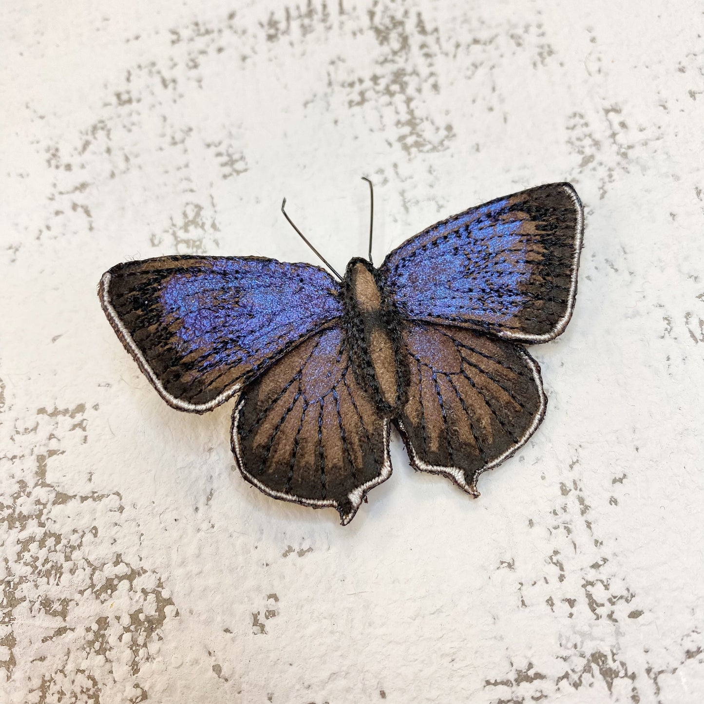 Purple Hairstreak butterfly brooch, embroidered and hand painted fabric butterfly on brooch pin