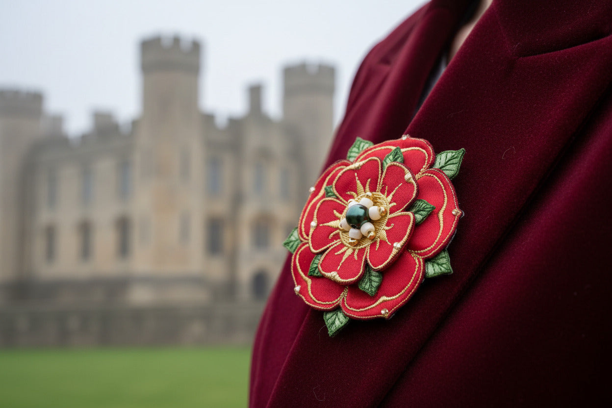Red rose of Lancashire embroidered duchess satin brooch