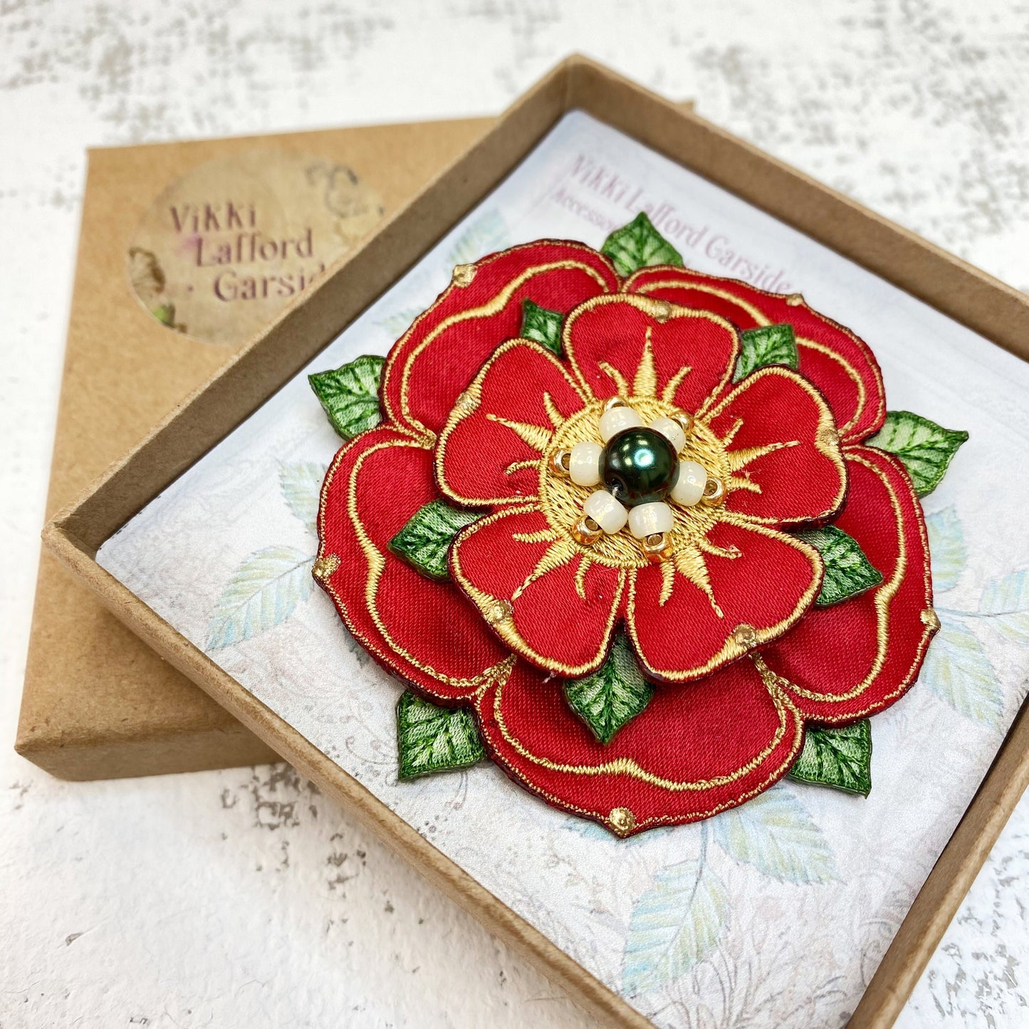 Red rose of Lancashire embroidered duchess satin brooch