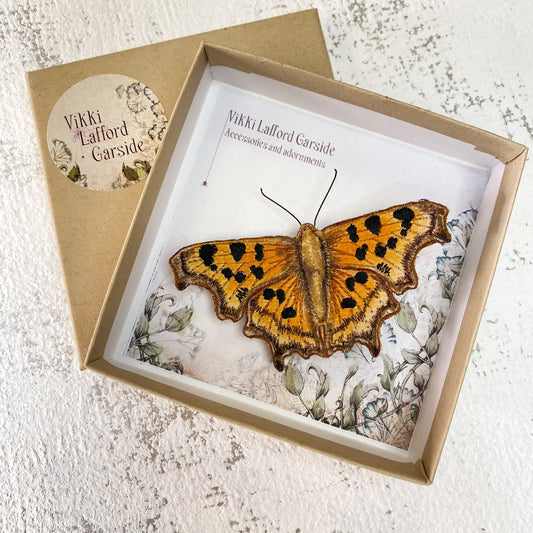 Comma butterfly brooch, hand made textile butterfly, realistic embroidered butterfly brooch