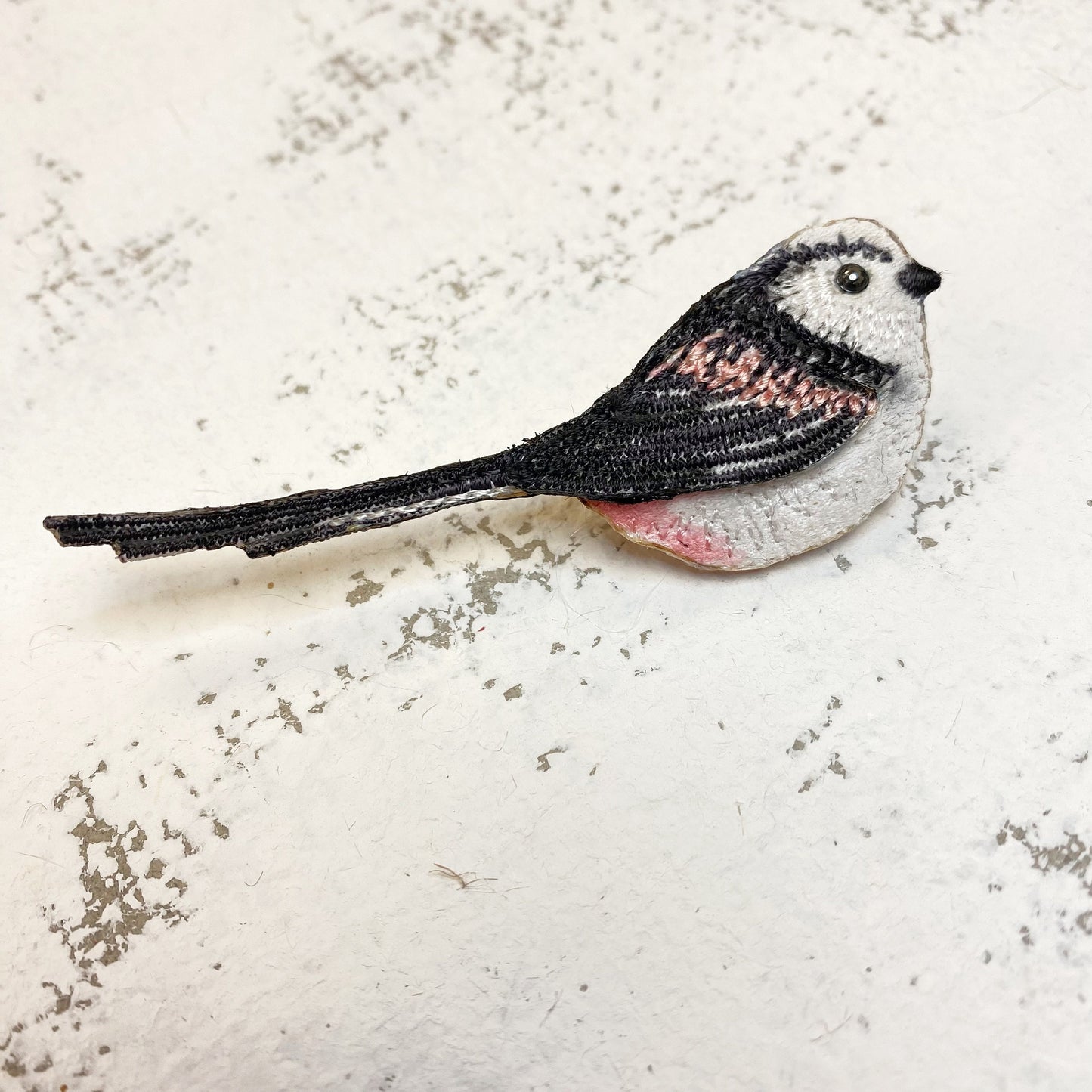 Long-tailed tit brooch, embroidered bird pin