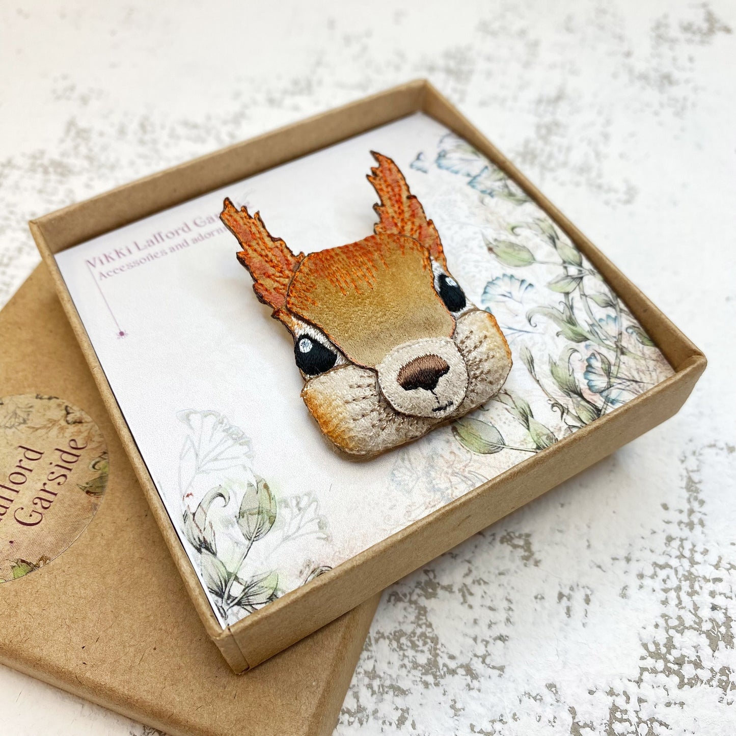 Squirrel brooch, embroiderd and hand painted squirrel pin