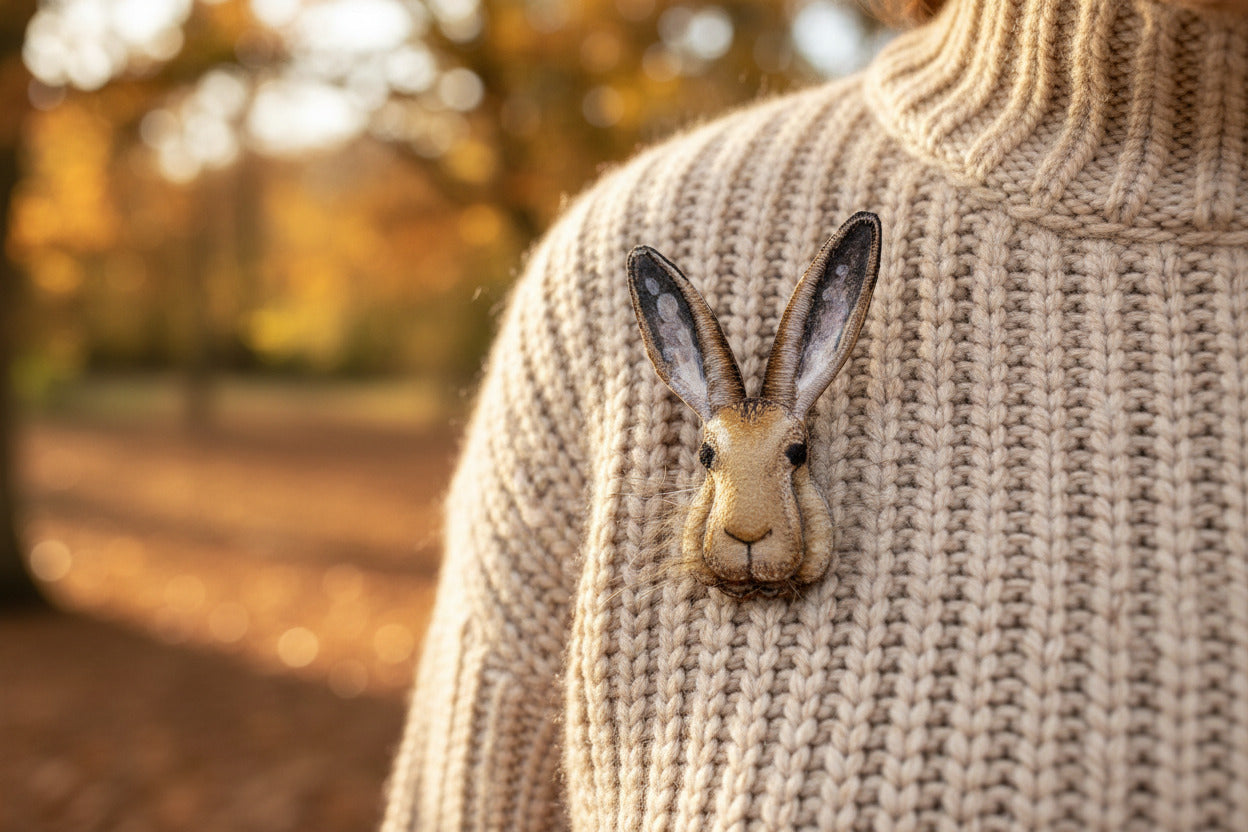 Person wearing a beige sweater with a rabbit brooch in an autumnal setting
