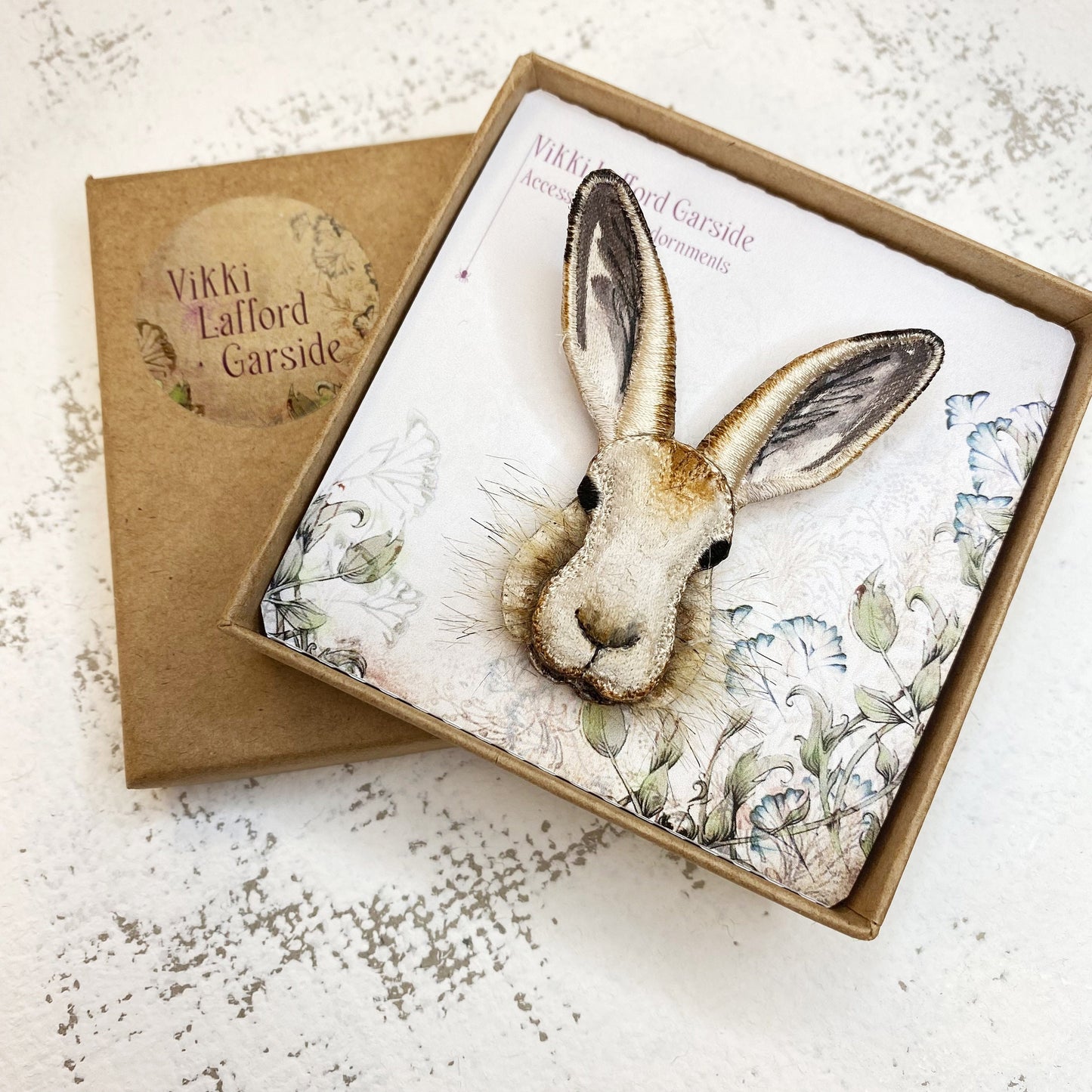 Mountain Hare brooch, embroidered and hand painted wild hare pin