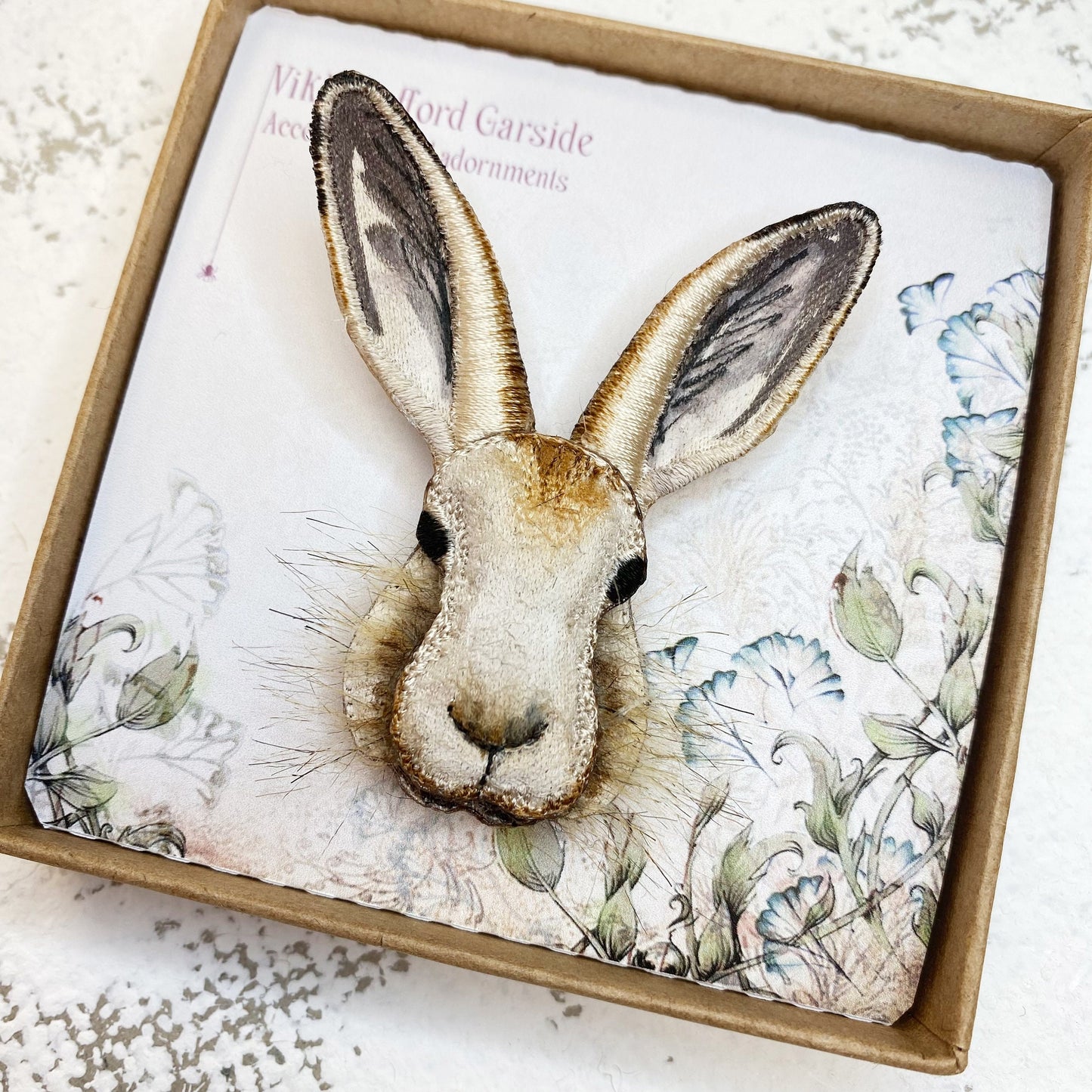 Mountain Hare brooch, embroidered and hand painted wild hare pin