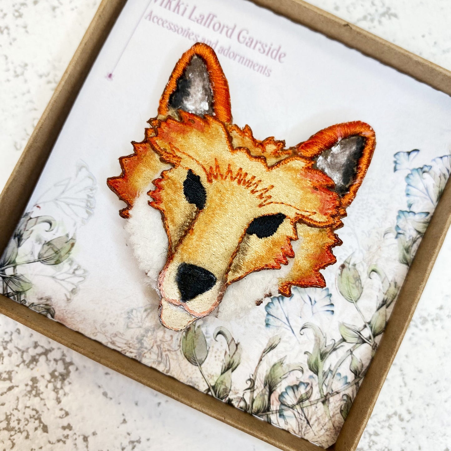 Fox brooch, embroidered and hand painted textile fox adornment