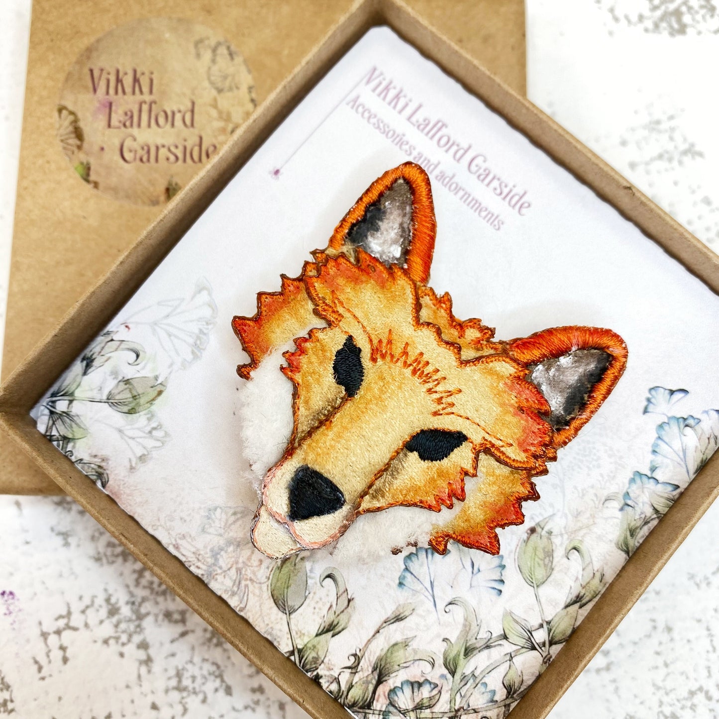 Fox brooch, embroidered and hand painted textile fox adornment