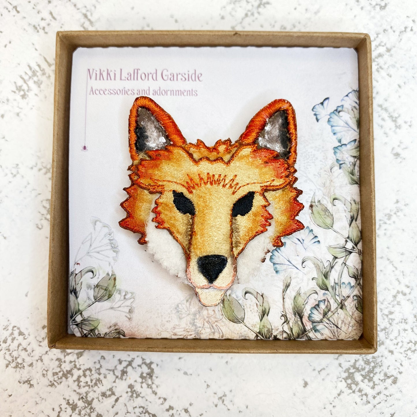 Fox brooch, embroidered and hand painted textile fox adornment
