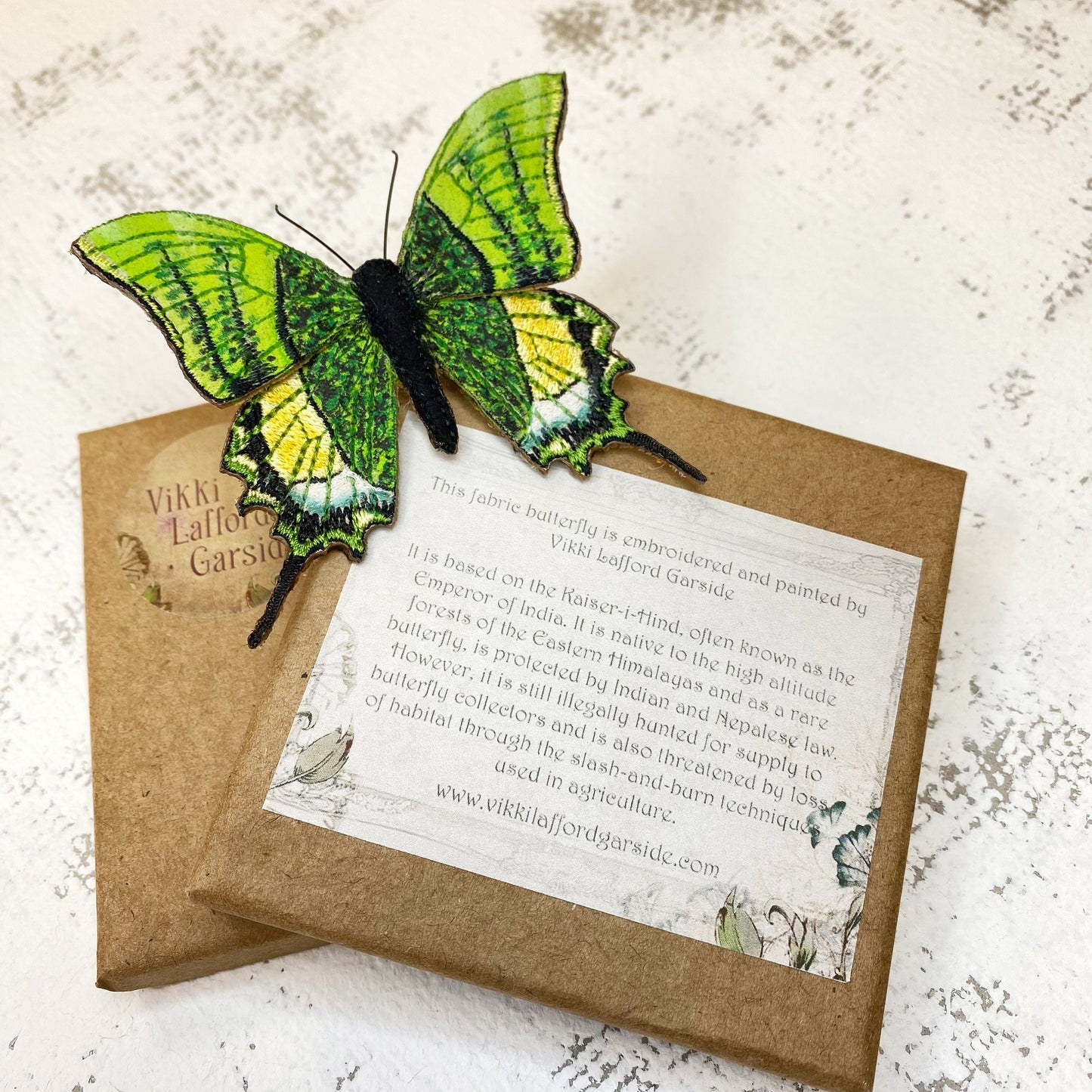 Kaiser-i-hind butterfly brooch, Emperor of India embroidered and hand painted butterfly brooch.