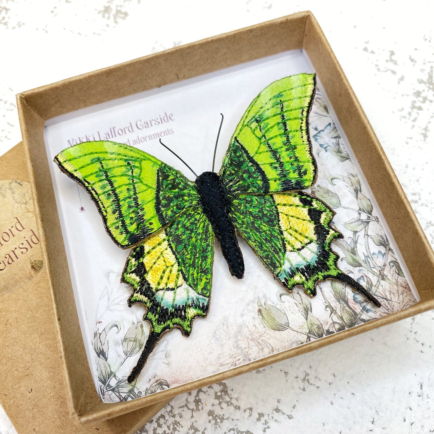 Kaiser-i-hind butterfly brooch, Emperor of India embroidered and hand painted butterfly brooch.