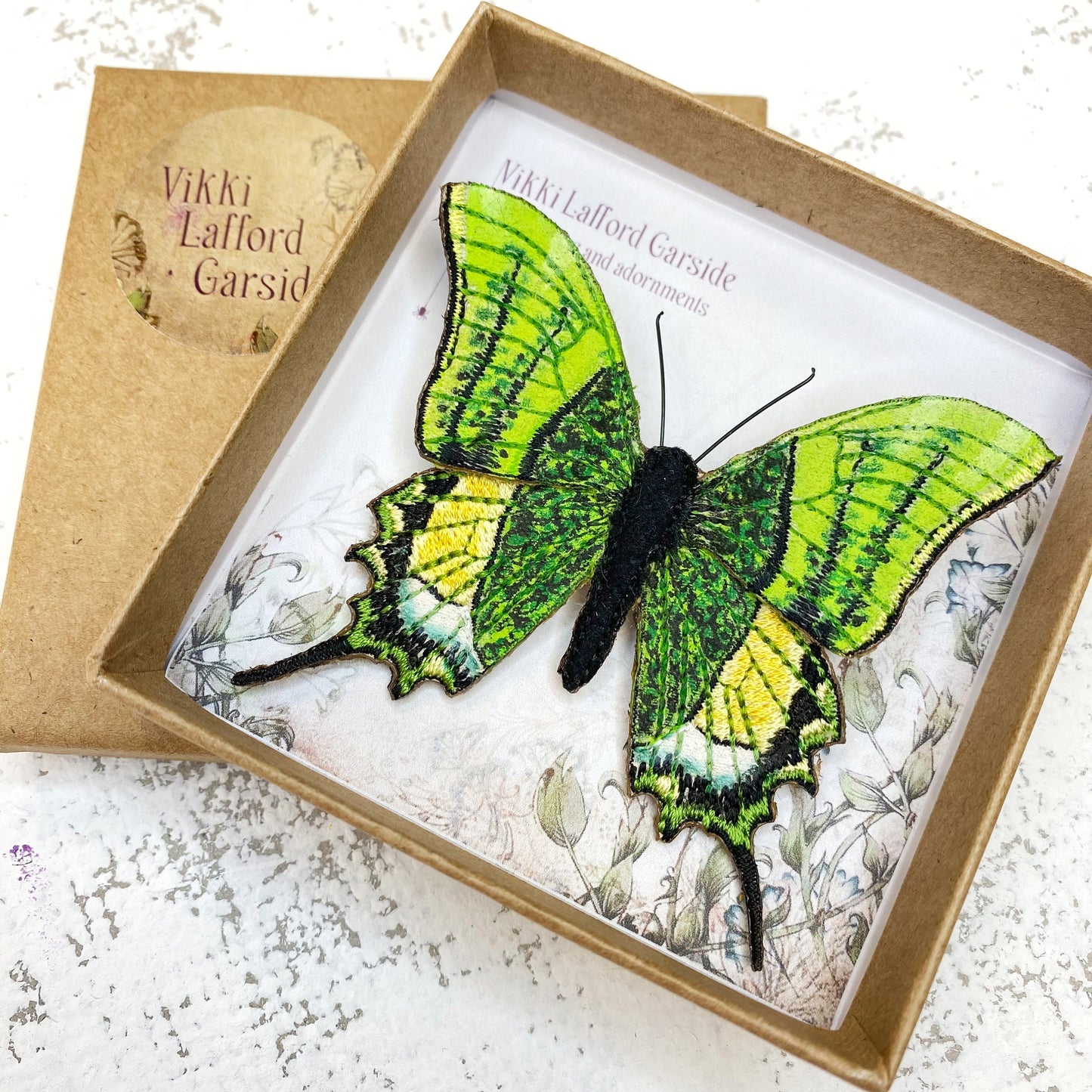 Kaiser-i-hind butterfly brooch, Emperor of India embroidered and hand painted butterfly brooch.