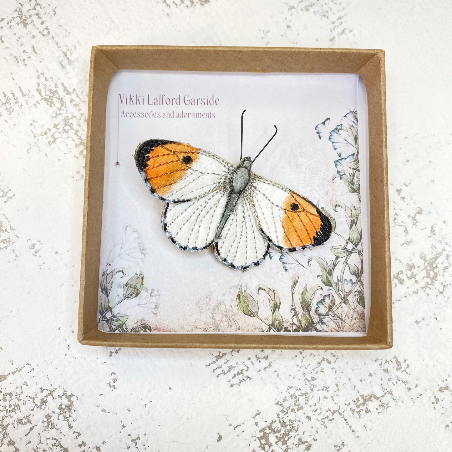 Orange-tip butterfly embroidered and hand painted brooch pin