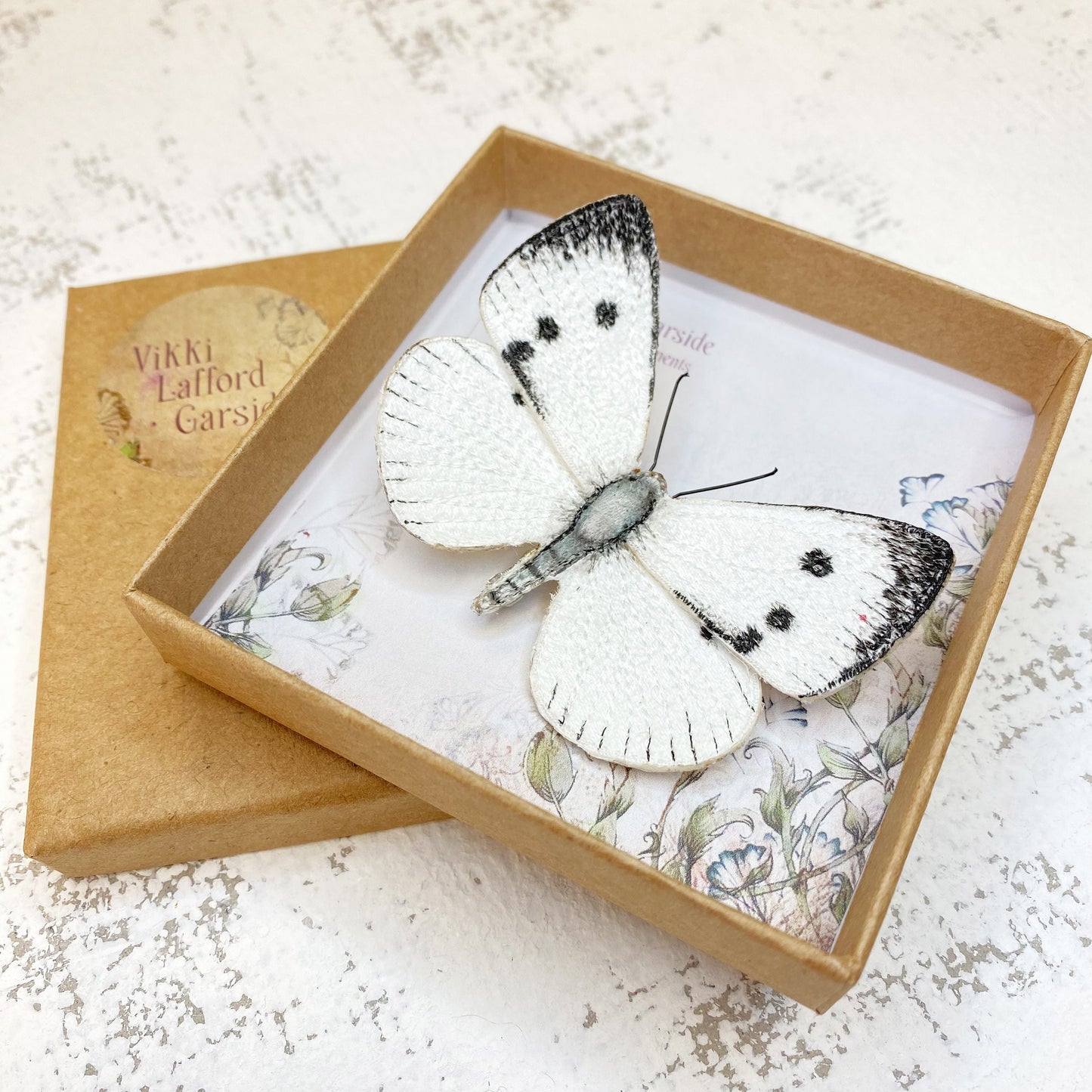 Cabbage White butterfly brooch, embroidered and hand painted delicate butterfly