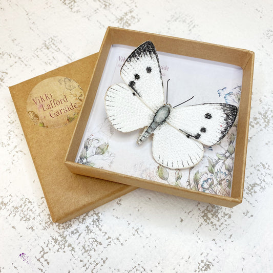Cabbage White butterfly brooch, embroidered and hand painted delicate butterfly