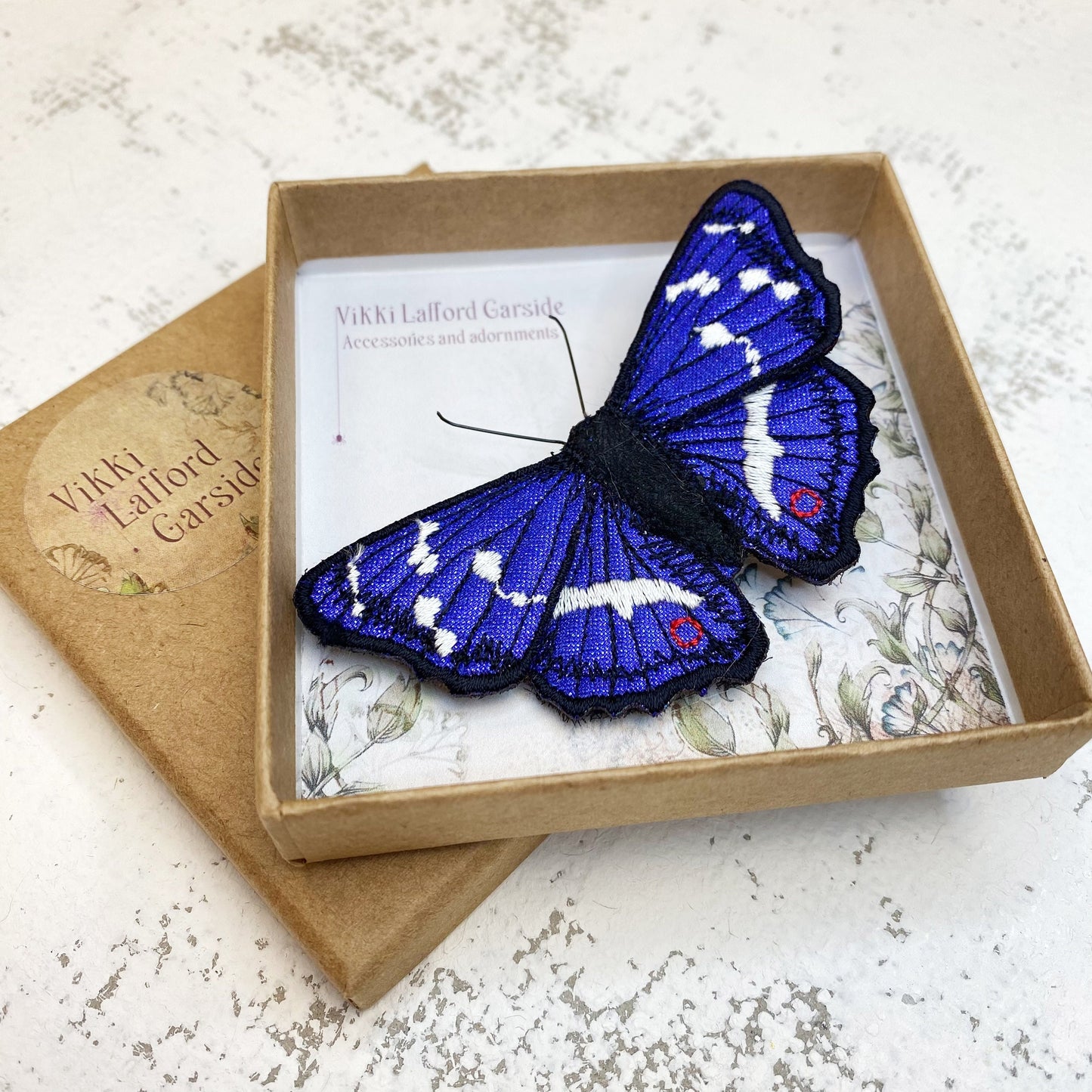 Purple Emperor butterfly brooch, embroidered and hand painted fabric butterfly on brooch pin
