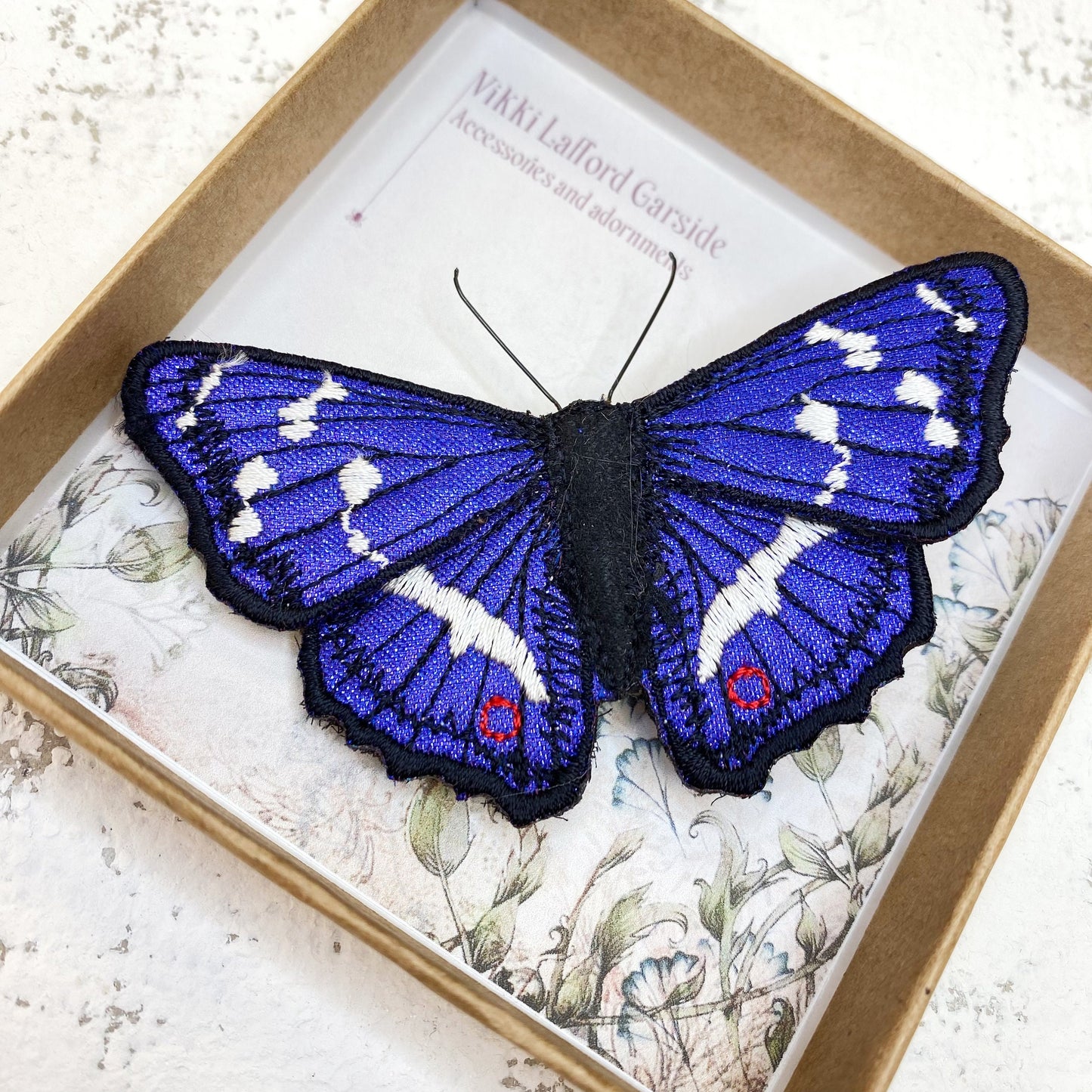 Purple Emperor butterfly brooch, embroidered and hand painted fabric butterfly on brooch pin