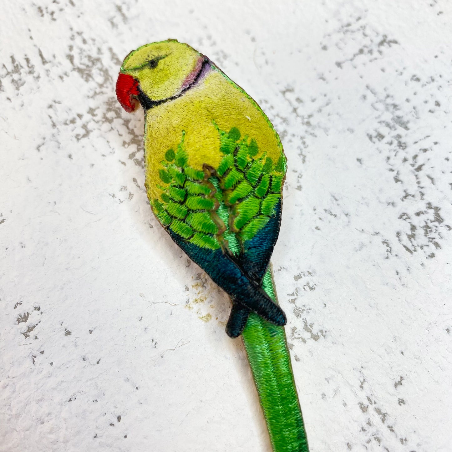 Ring-necked Parakeet brooch, embroidered and hand painted green bird brooch