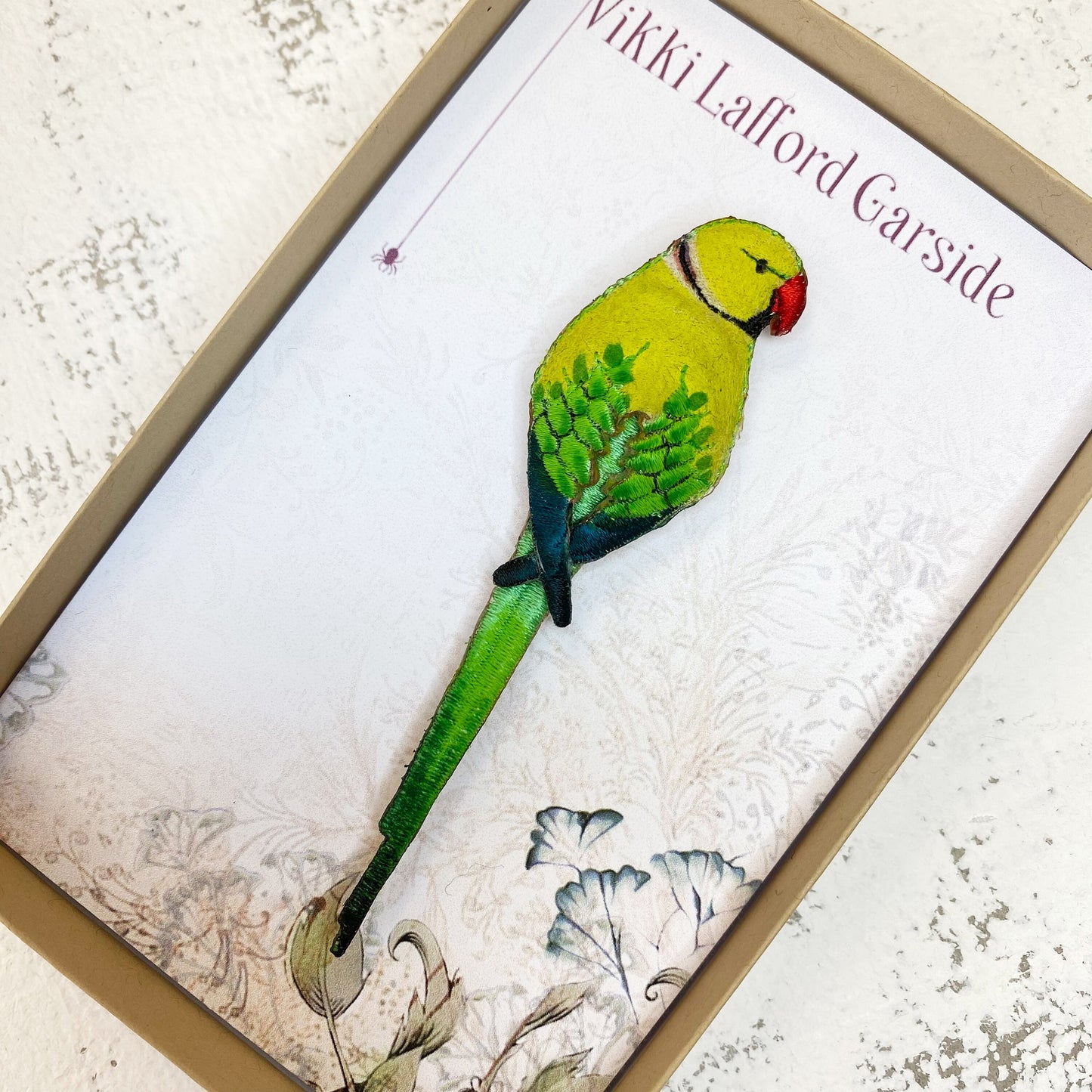 Ring-necked Parakeet brooch, embroidered and hand painted green bird brooch