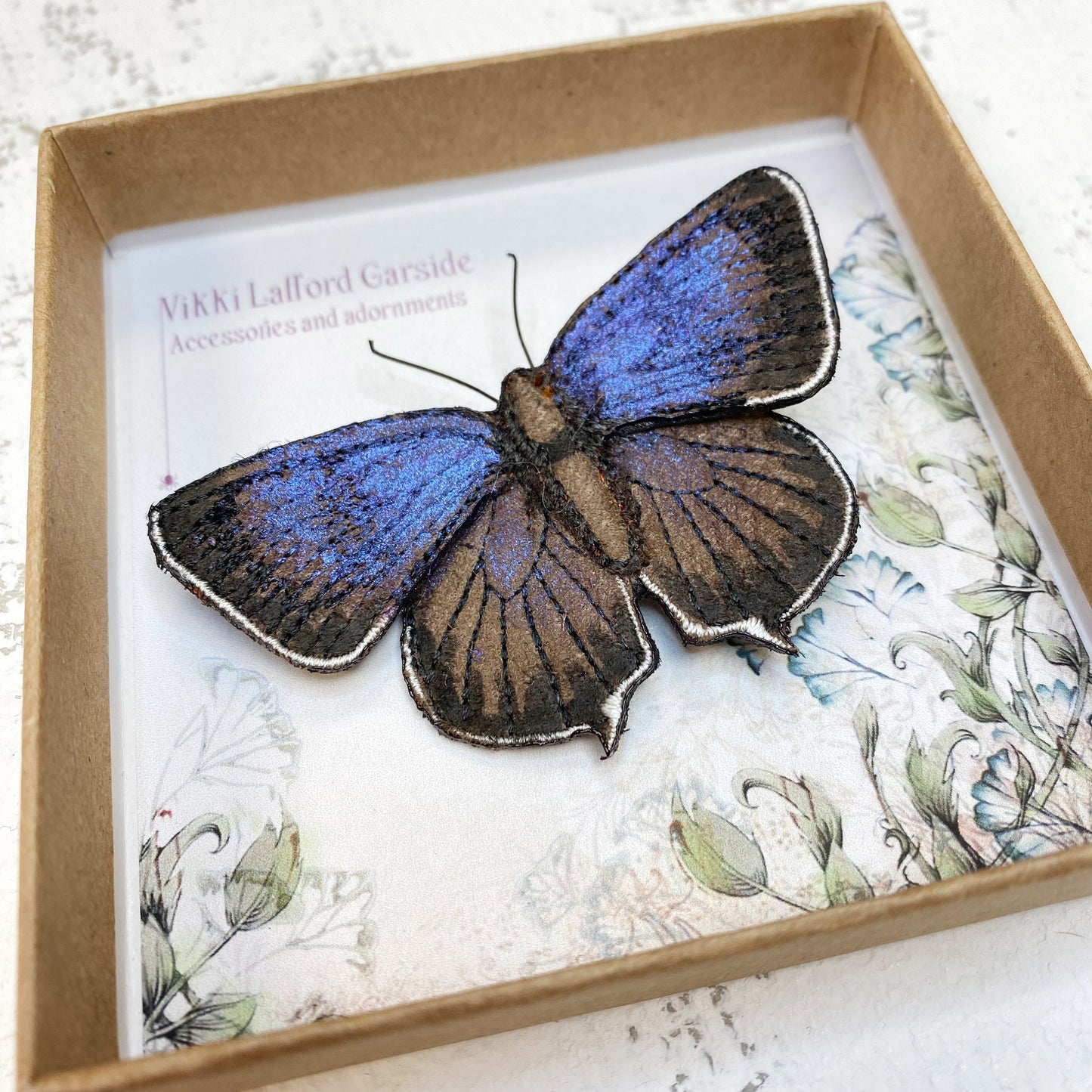Purple Hairstreak butterfly brooch, embroidered and hand painted fabric butterfly on brooch pin