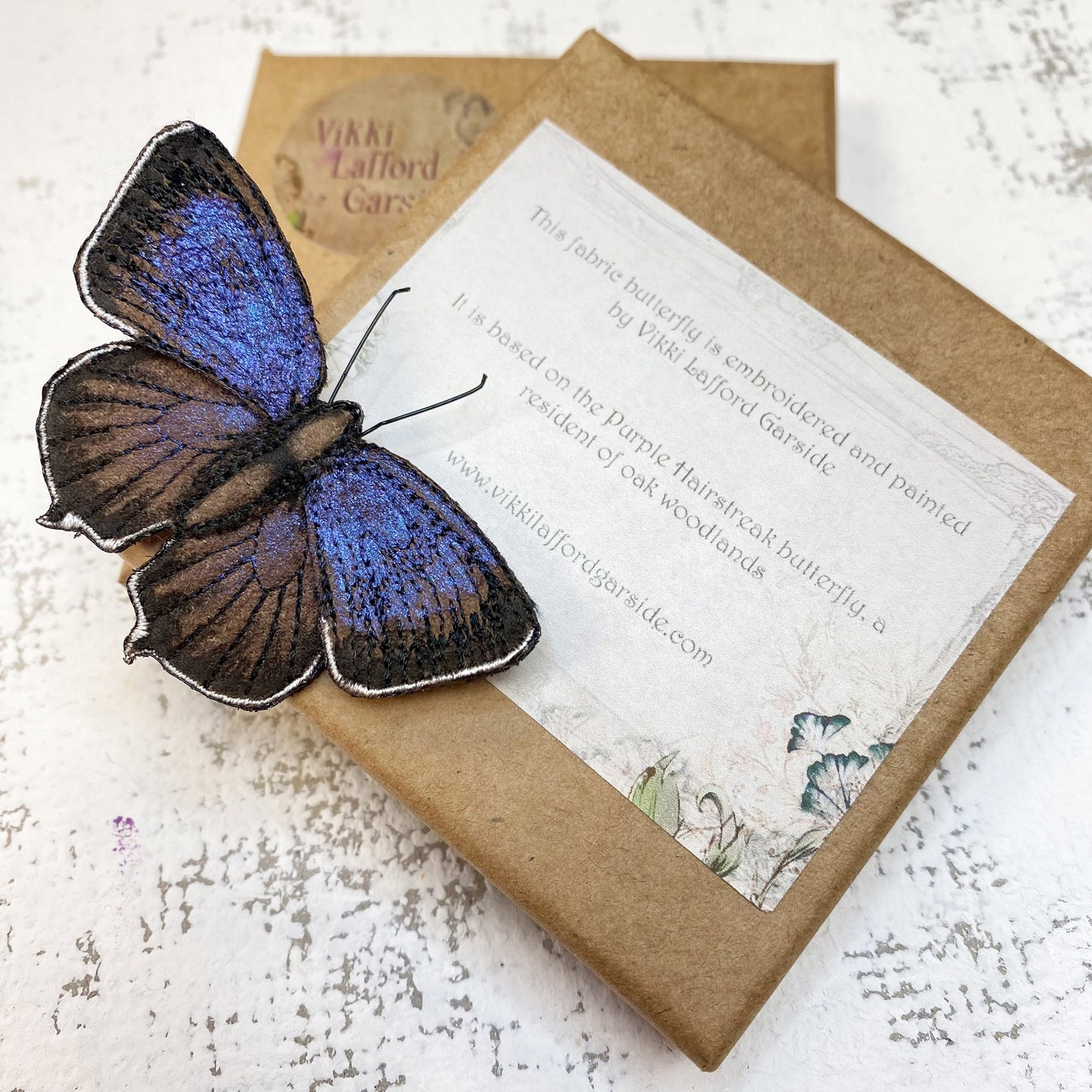 Purple Hairstreak butterfly brooch, embroidered and hand painted fabric butterfly on brooch pin