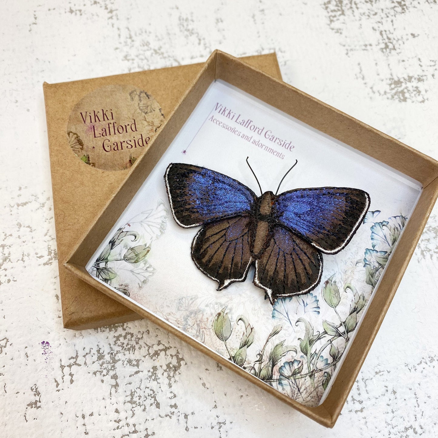 Purple Hairstreak butterfly brooch, embroidered and hand painted fabric butterfly on brooch pin