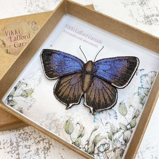 Purple Hairstreak butterfly brooch, embroidered and hand painted fabric butterfly on brooch pin