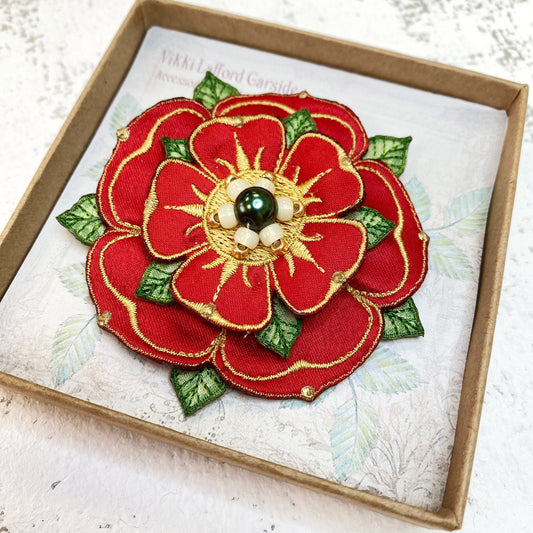 Red rose of Lancashire embroidered duchess satin brooch