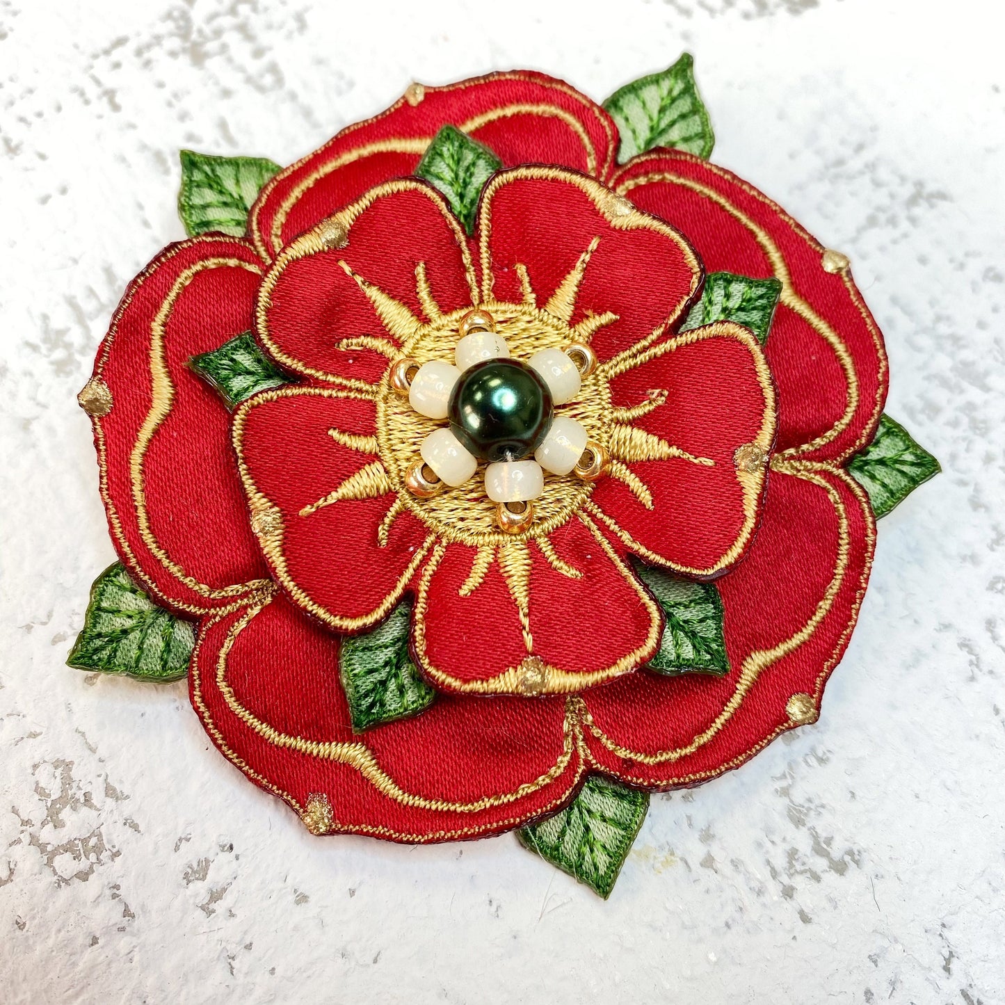 Red rose of Lancashire embroidered duchess satin brooch