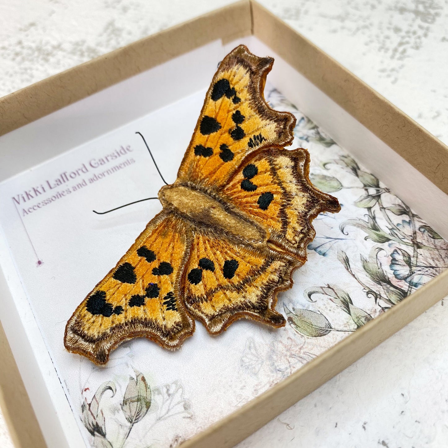 Comma butterfly brooch, hand made textile butterfly, realistic embroidered butterfly brooch