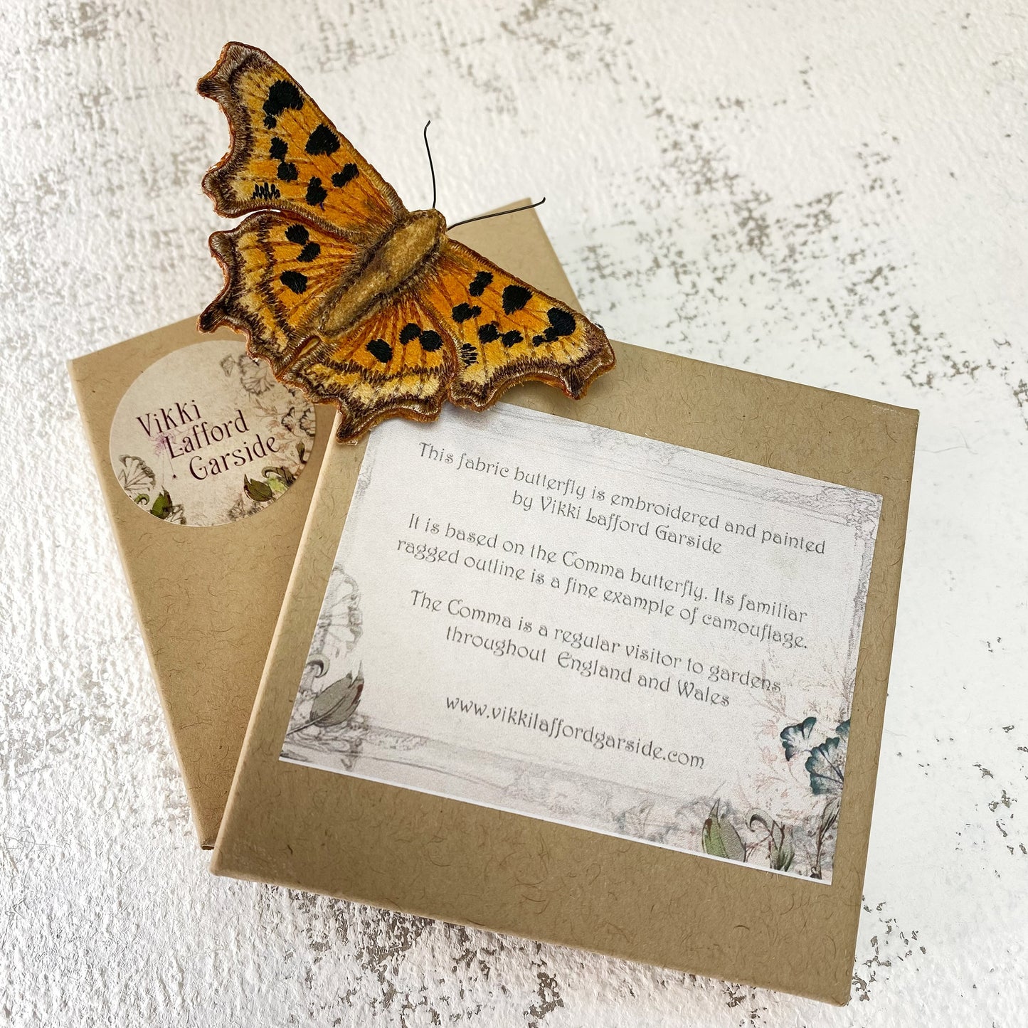 Comma butterfly brooch, hand made textile butterfly, realistic embroidered butterfly brooch